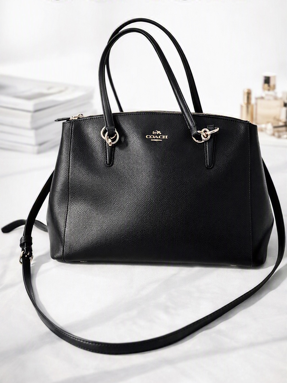COACH Christie Crossgrain Leather Carryall Shoulder Bag F36606 Black Purse